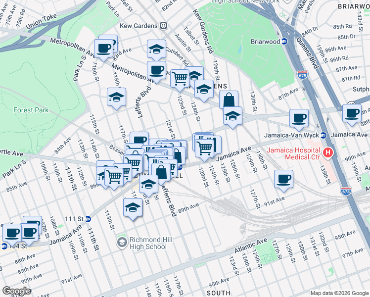 map of restaurants, bars, coffee shops, grocery stores, and more near in Queens