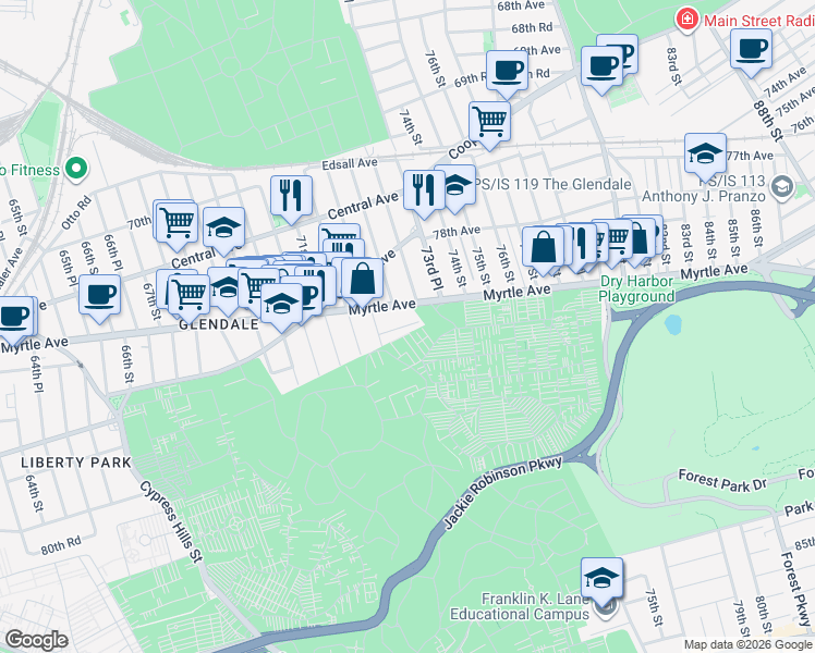 map of restaurants, bars, coffee shops, grocery stores, and more near 72-34 Indiana Avenue in Queens