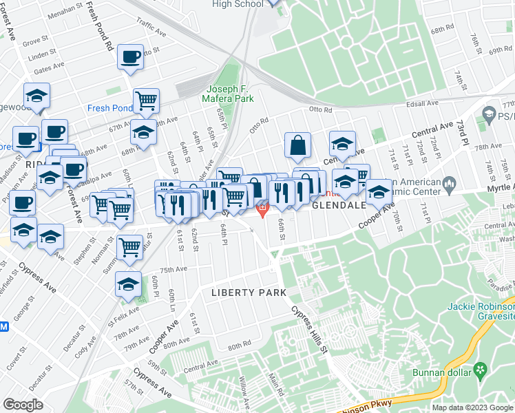 map of restaurants, bars, coffee shops, grocery stores, and more near 65-8 Myrtle Avenue in Queens