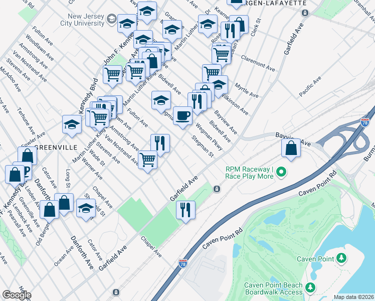 map of restaurants, bars, coffee shops, grocery stores, and more near 17 Bayside Place in Jersey City