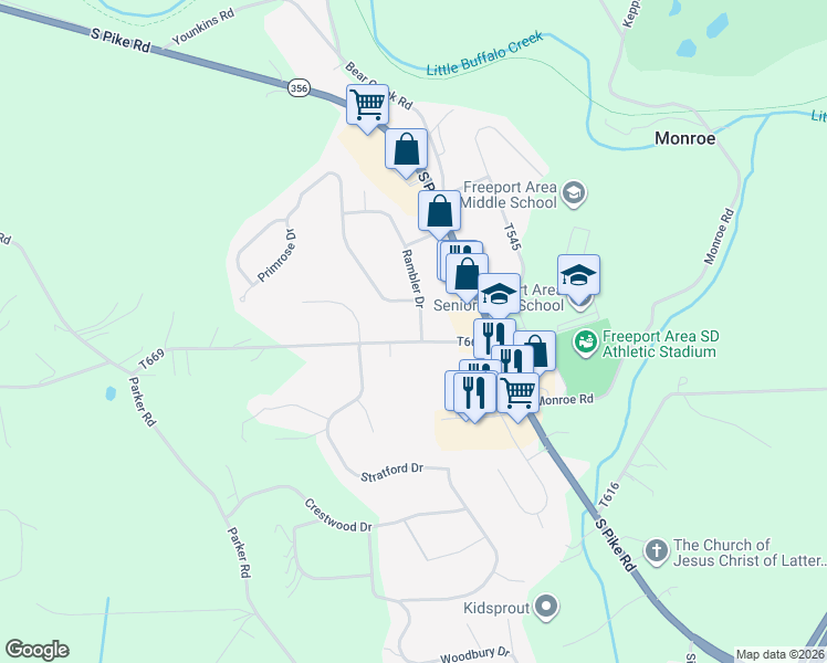 map of restaurants, bars, coffee shops, grocery stores, and more near 203 Cole Road in Sarver