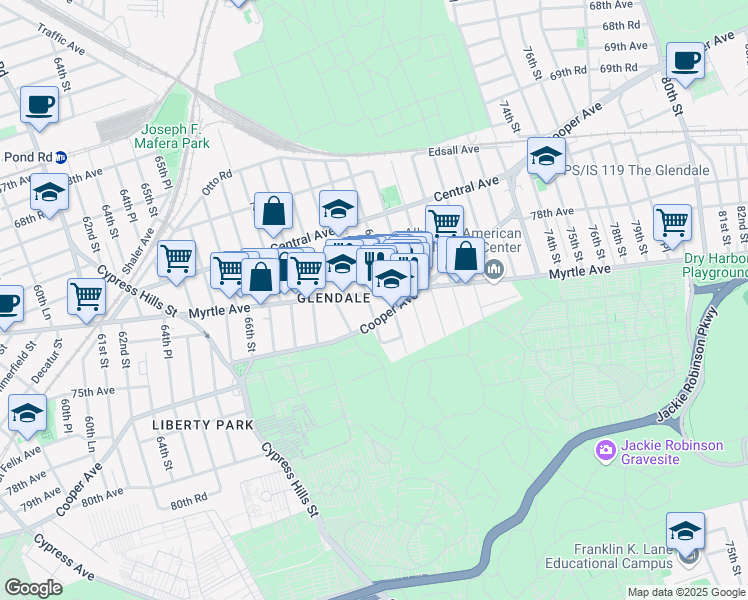 map of restaurants, bars, coffee shops, grocery stores, and more near 6907 Cooper Avenue in Queens