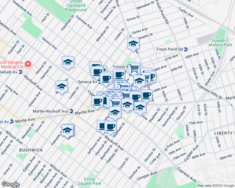 map of restaurants, bars, coffee shops, grocery stores, and more near 801 Seneca Avenue in Queens