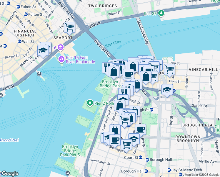 map of restaurants, bars, coffee shops, grocery stores, and more near 130 Furman Street in Brooklyn