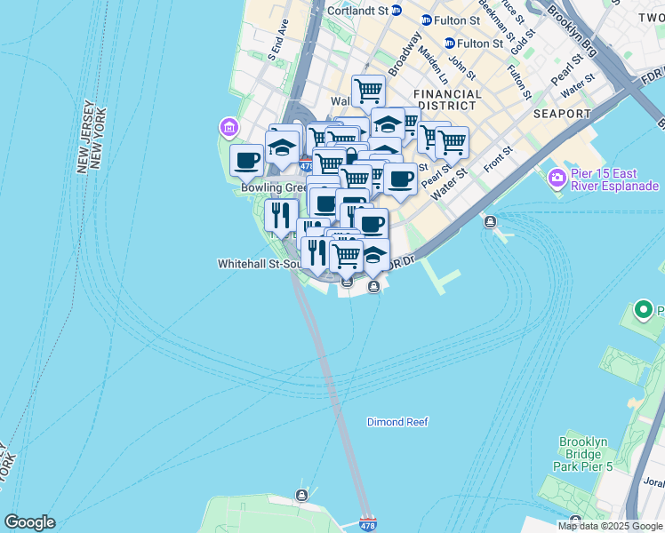 map of restaurants, bars, coffee shops, grocery stores, and more near 4 South Street in New York