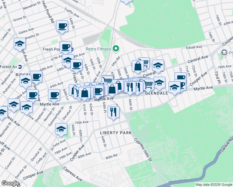map of restaurants, bars, coffee shops, grocery stores, and more near 71-30 65th Place in Queens