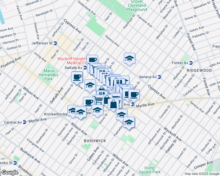 map of restaurants, bars, coffee shops, grocery stores, and more near Wyckoff Avenue & Bleecker Street in Brooklyn
