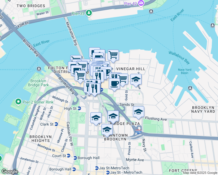 map of restaurants, bars, coffee shops, grocery stores, and more near 131 York Street in Brooklyn