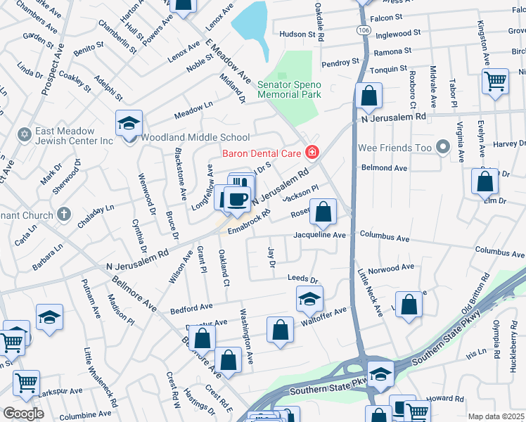 map of restaurants, bars, coffee shops, grocery stores, and more near 2104 Rosemont Street in North Bellmore