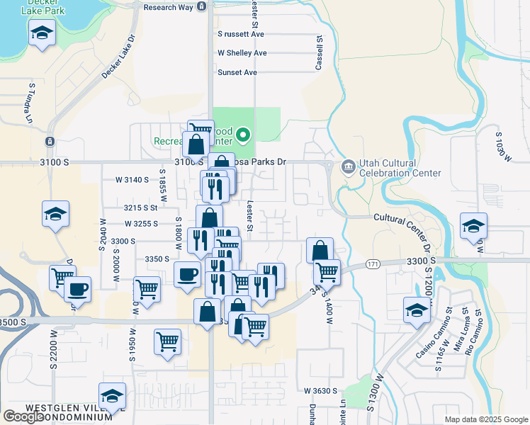 map of restaurants, bars, coffee shops, grocery stores, and more near 3227 Matisse Lane in West Valley City