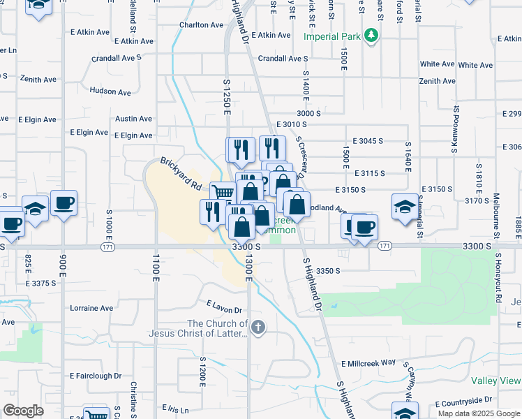 map of restaurants, bars, coffee shops, grocery stores, and more near 1334 Woodland Avenue in Salt Lake City