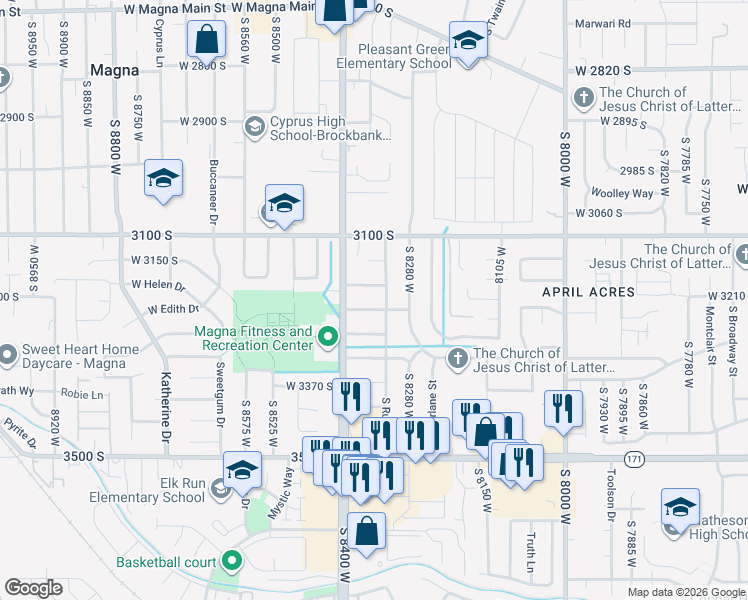 map of restaurants, bars, coffee shops, grocery stores, and more near 8348 West Powell Avenue in Magna