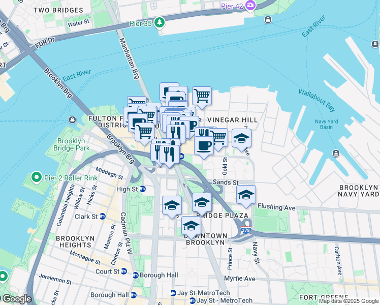 map of restaurants, bars, coffee shops, grocery stores, and more near 121 York Street in Brooklyn