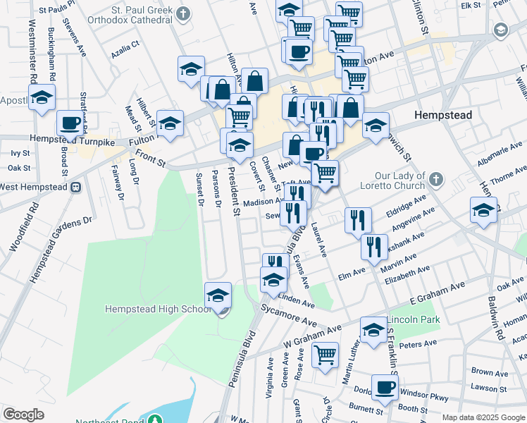 map of restaurants, bars, coffee shops, grocery stores, and more near 65 Whitson St in Hempstead