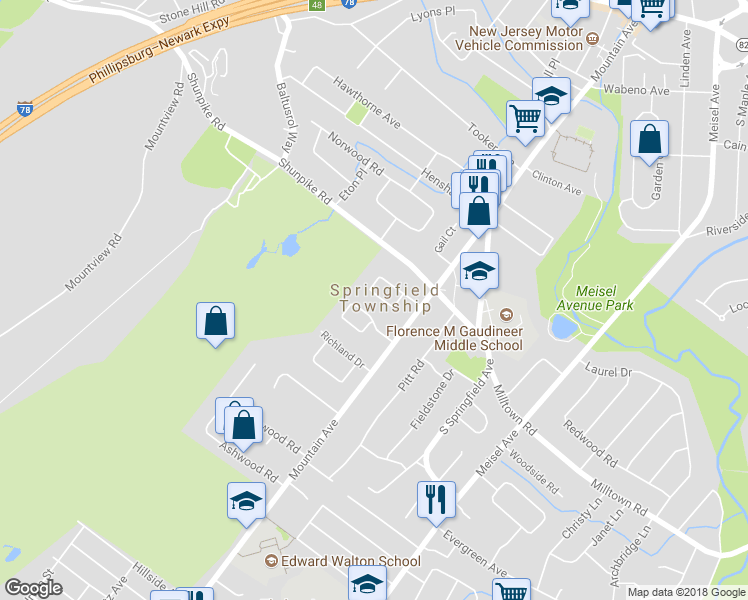 map of restaurants, bars, coffee shops, grocery stores, and more near 74 Kew Drive in Springfield Township