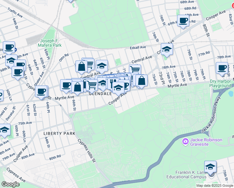 map of restaurants, bars, coffee shops, grocery stores, and more near 6907 Cooper Avenue in Queens