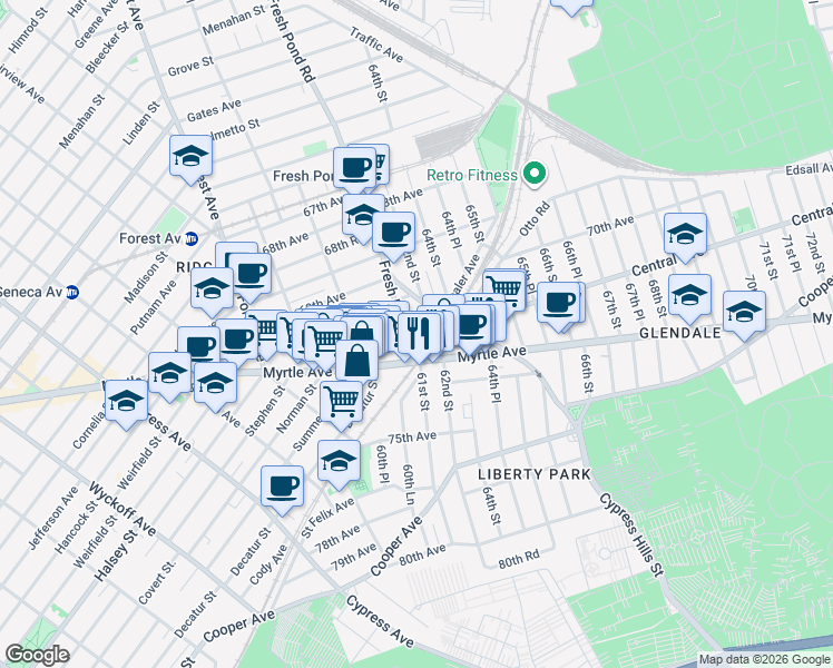 map of restaurants, bars, coffee shops, grocery stores, and more near 61-20 71st Avenue in Queens