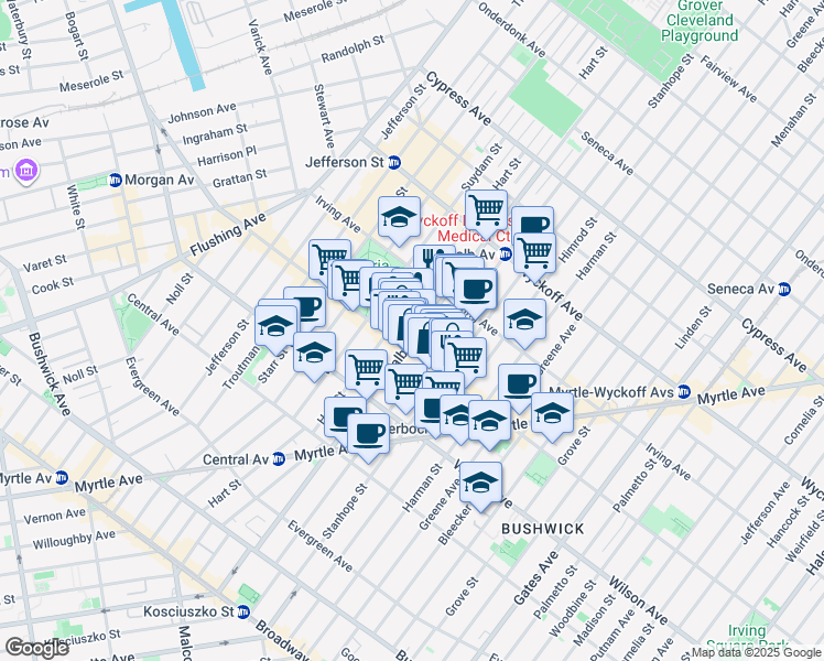 map of restaurants, bars, coffee shops, grocery stores, and more near 1489 Dekalb Avenue in Brooklyn