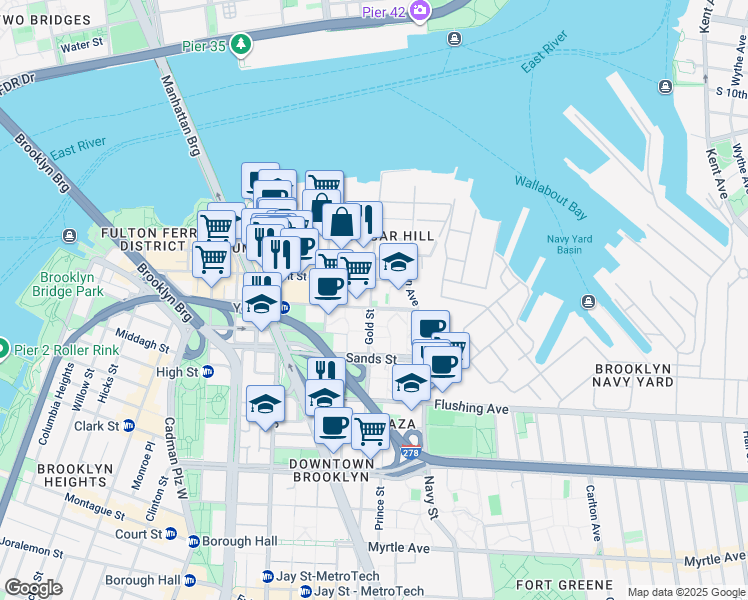 map of restaurants, bars, coffee shops, grocery stores, and more near 111 York Street in Brooklyn