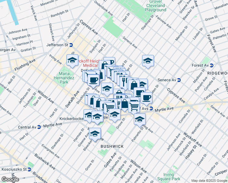 map of restaurants, bars, coffee shops, grocery stores, and more near 388 Harman Street in Brooklyn
