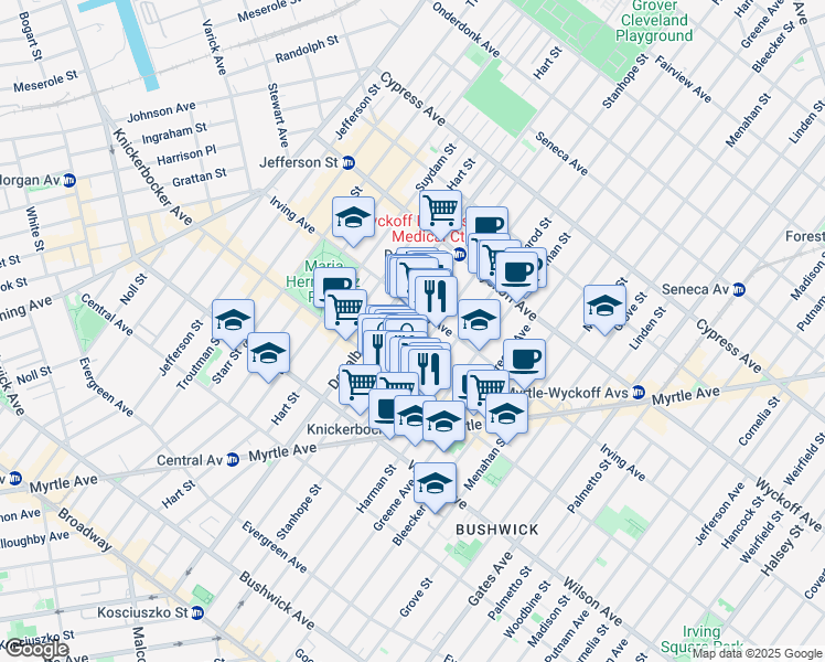 map of restaurants, bars, coffee shops, grocery stores, and more near 234B Stanhope Street in Brooklyn