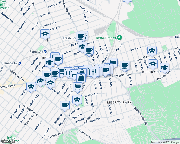 map of restaurants, bars, coffee shops, grocery stores, and more near 6101 Myrtle Avenue in Queens
