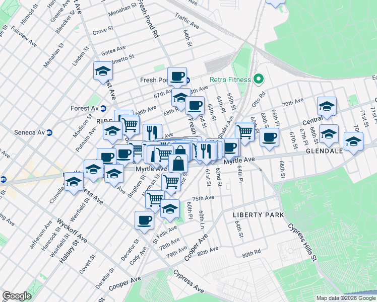 map of restaurants, bars, coffee shops, grocery stores, and more near in Queens