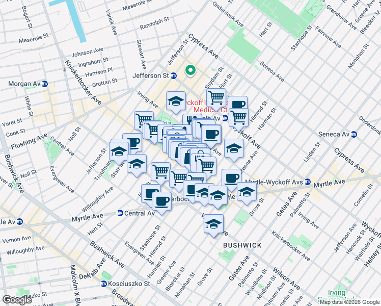 map of restaurants, bars, coffee shops, grocery stores, and more near 1494 Dekalb Avenue in Brooklyn