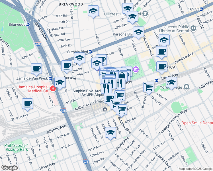 map of restaurants, bars, coffee shops, grocery stores, and more near 146-20 Jamaica Avenue in Queens