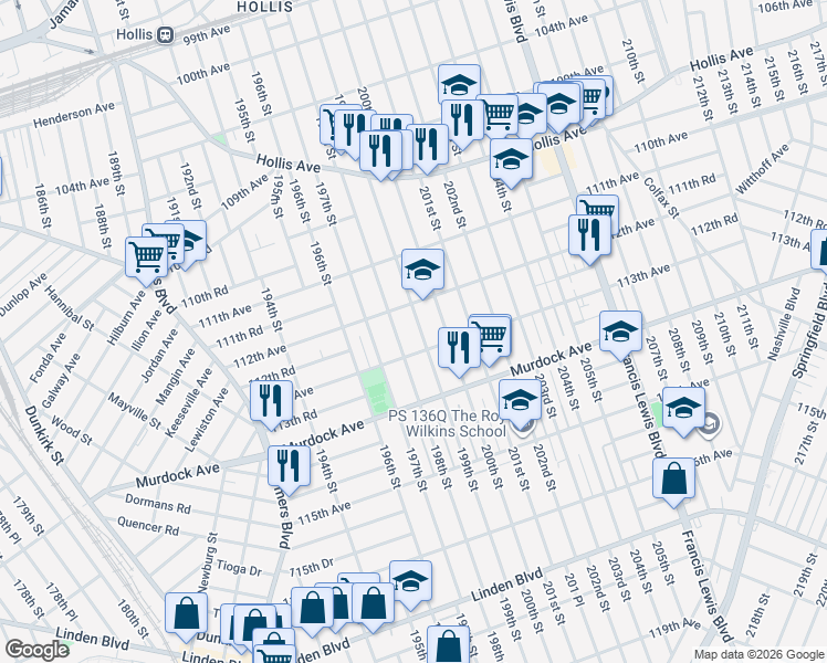 map of restaurants, bars, coffee shops, grocery stores, and more near 113-02 199th Street in Queens