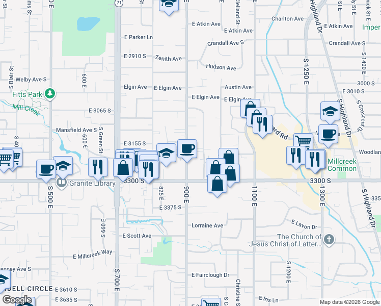map of restaurants, bars, coffee shops, grocery stores, and more near 3200 South 900 East in Millcreek
