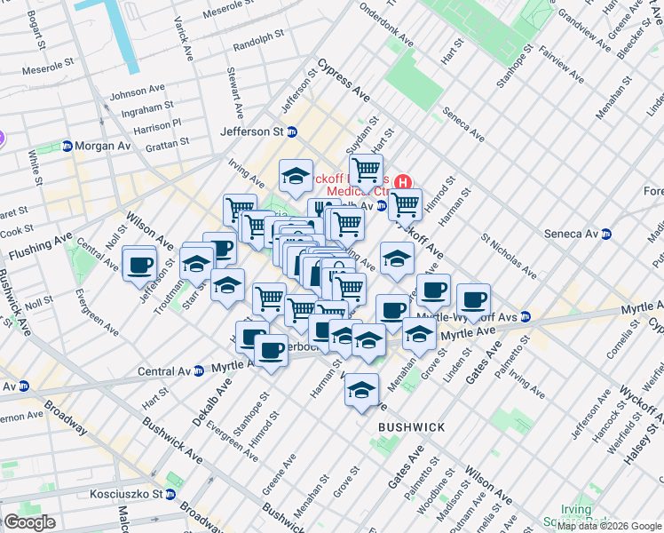 map of restaurants, bars, coffee shops, grocery stores, and more near 251 Stockholm Street in Brooklyn