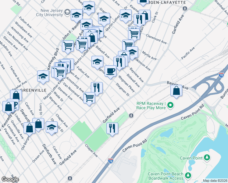map of restaurants, bars, coffee shops, grocery stores, and more near 45 Dwight Street in Jersey City