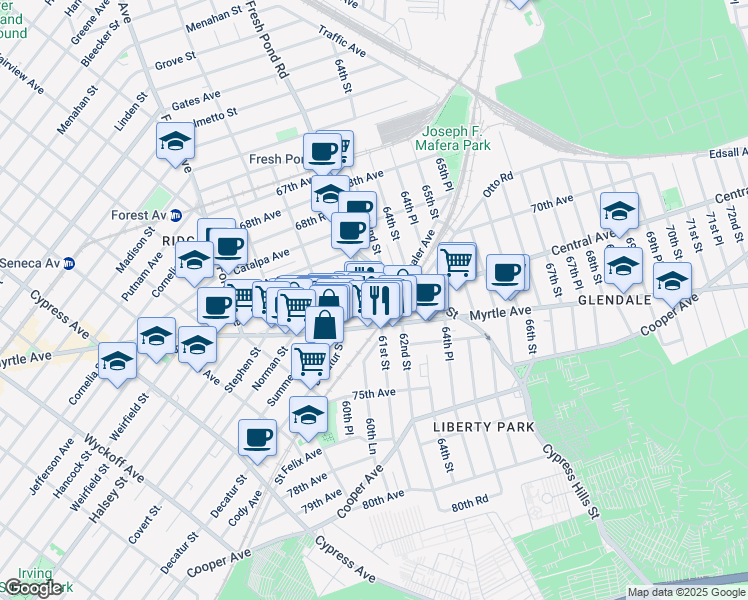 map of restaurants, bars, coffee shops, grocery stores, and more near 71-07 Fresh Pond Road in Queens