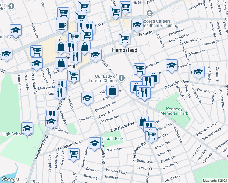 map of restaurants, bars, coffee shops, grocery stores, and more near 83 Angevine Avenue in Hempstead