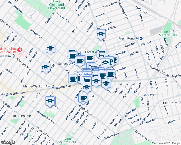 map of restaurants, bars, coffee shops, grocery stores, and more near in Queens