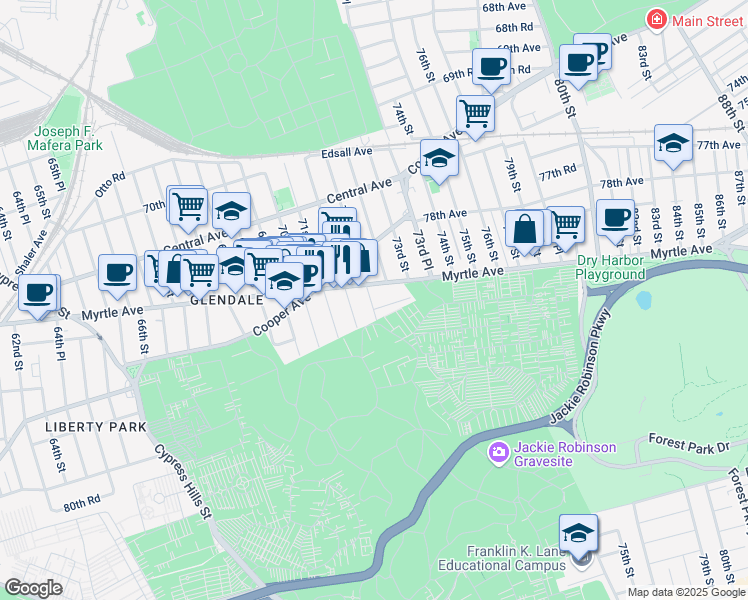 map of restaurants, bars, coffee shops, grocery stores, and more near 73-38 72nd Street in Queens