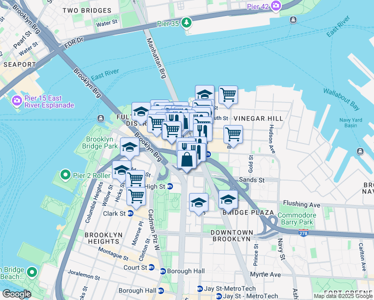 map of restaurants, bars, coffee shops, grocery stores, and more near 85 Adams Street in Brooklyn