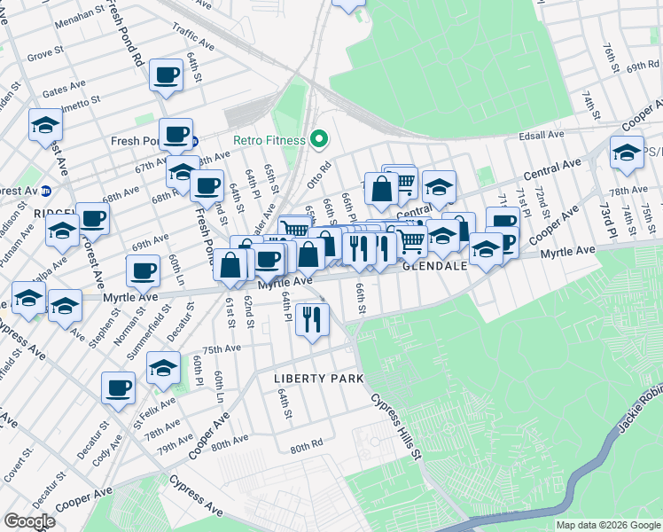 map of restaurants, bars, coffee shops, grocery stores, and more near 65-58 Myrtle Avenue in Queens