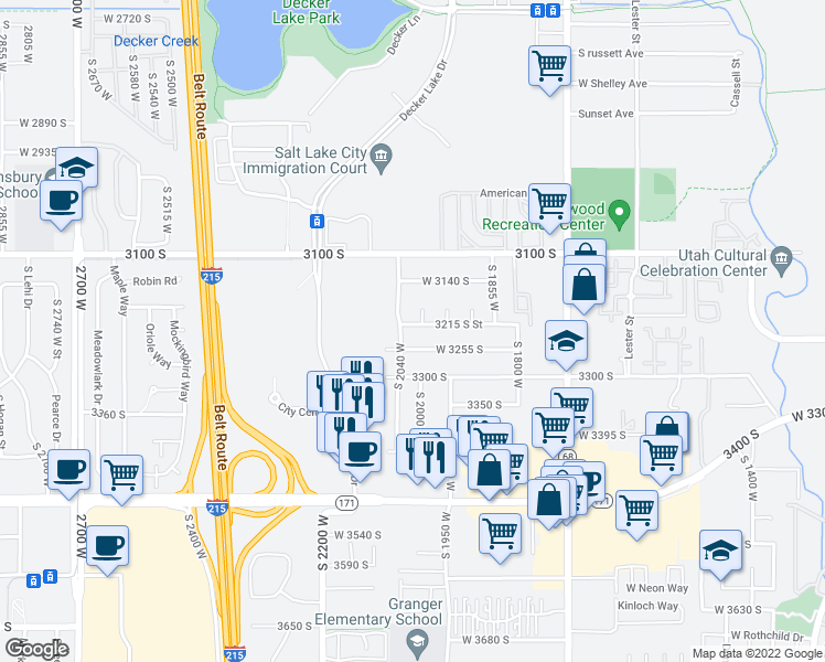 map of restaurants, bars, coffee shops, grocery stores, and more near 2015 West Hyannis Avenue in West Valley City