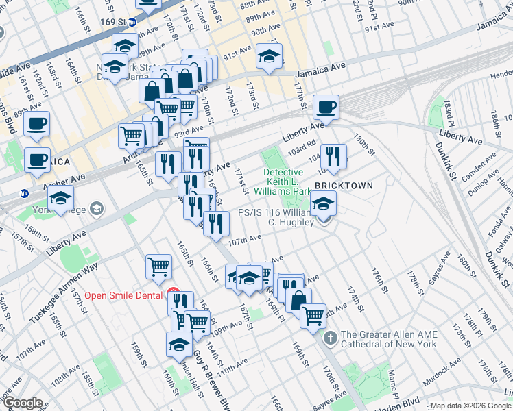 map of restaurants, bars, coffee shops, grocery stores, and more near 105-26 171st Street in Queens