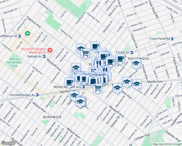 map of restaurants, bars, coffee shops, grocery stores, and more near 1645 Palmetto Street in Queens