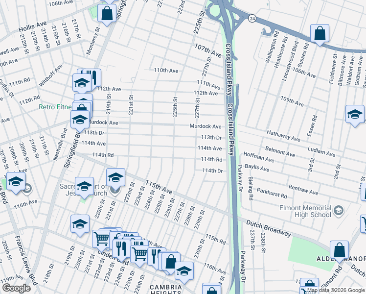 map of restaurants, bars, coffee shops, grocery stores, and more near 226-11 114th Road in Queens
