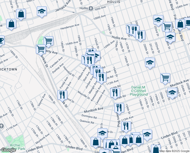 map of restaurants, bars, coffee shops, grocery stores, and more near 189-25 Mangin Avenue in Queens