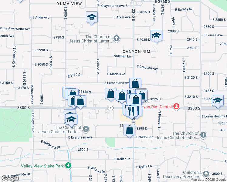 map of restaurants, bars, coffee shops, grocery stores, and more near 2215 East 3205 South in Salt Lake City
