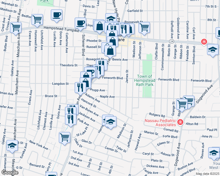 map of restaurants, bars, coffee shops, grocery stores, and more near 253 Cleveland Street in Franklin Square