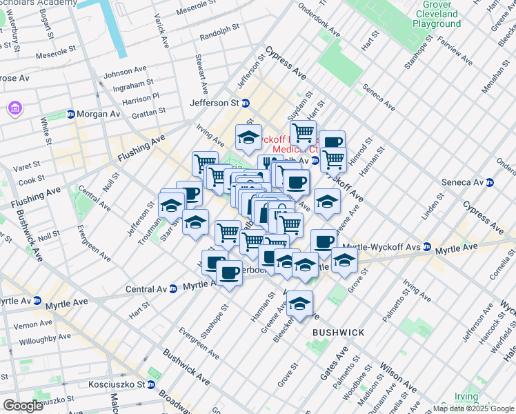 map of restaurants, bars, coffee shops, grocery stores, and more near 355 Knickerbocker Avenue in Brooklyn