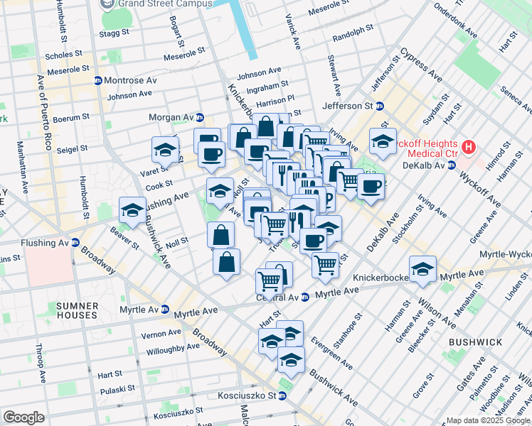 map of restaurants, bars, coffee shops, grocery stores, and more near 254 Melrose Street in Brooklyn