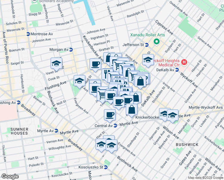 map of restaurants, bars, coffee shops, grocery stores, and more near 35 Starr Street in Brooklyn