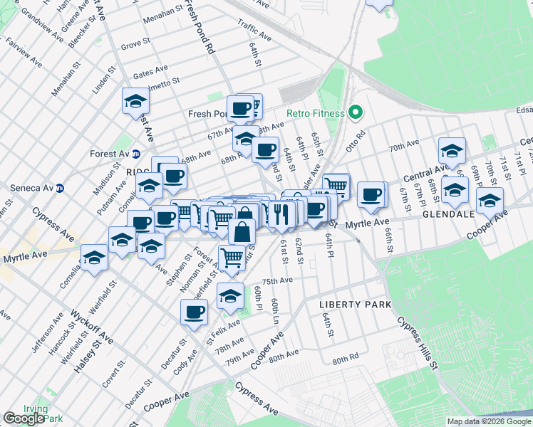 map of restaurants, bars, coffee shops, grocery stores, and more near 71-02 Fresh Pond Road in Queens